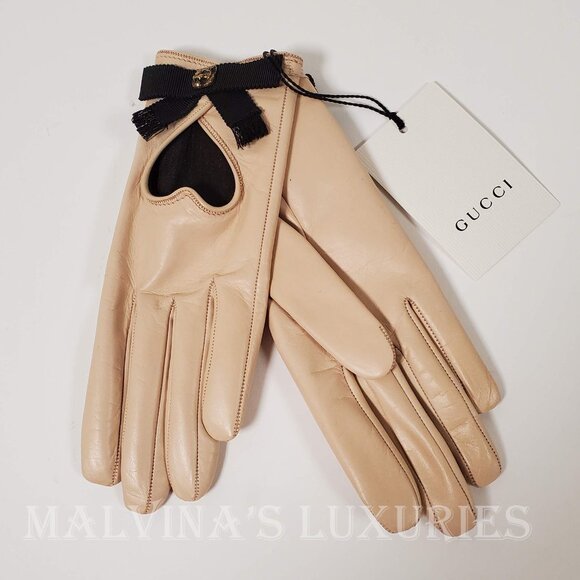 GUCCI GLOVES 477970 BEIGE LEATHER HEART CUT-OUT CAT FELINE HEAD - Picture 4 of 12